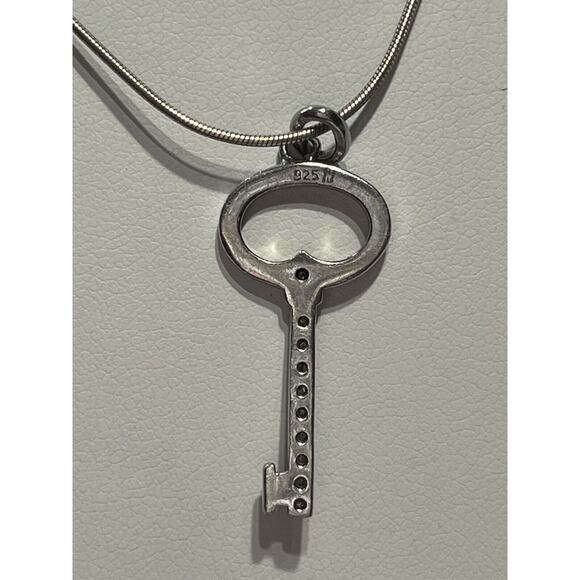 Sterling Silver 925 Designer SIGNED Diamond Chip Key Shaped Pendant Necklace - Picture 10 of 14